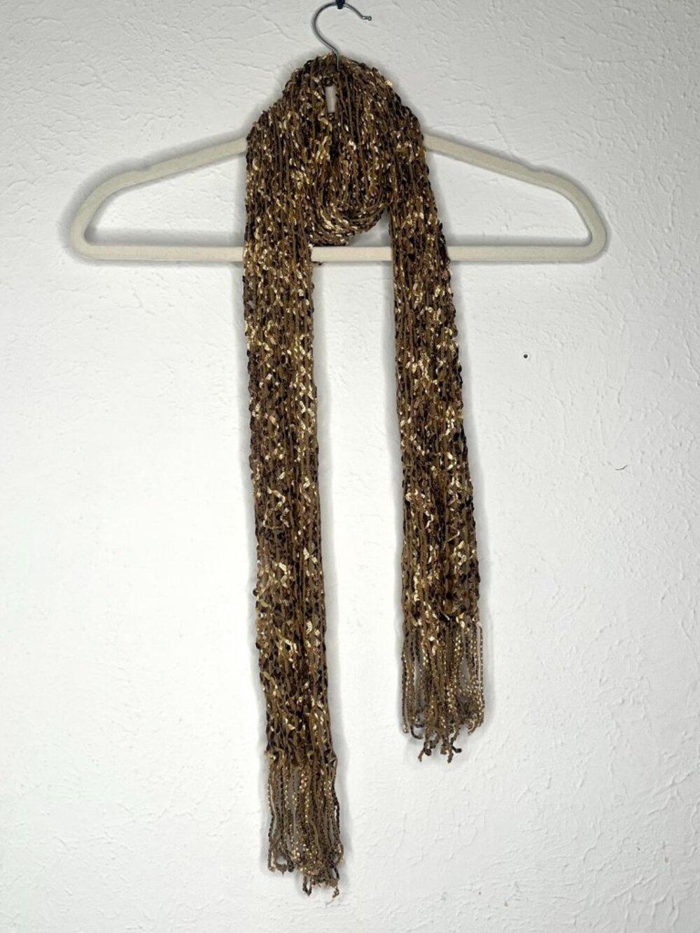 Vintage Women's Brown/Tan/Cream Knitted Long Scarf with Fringe Accent